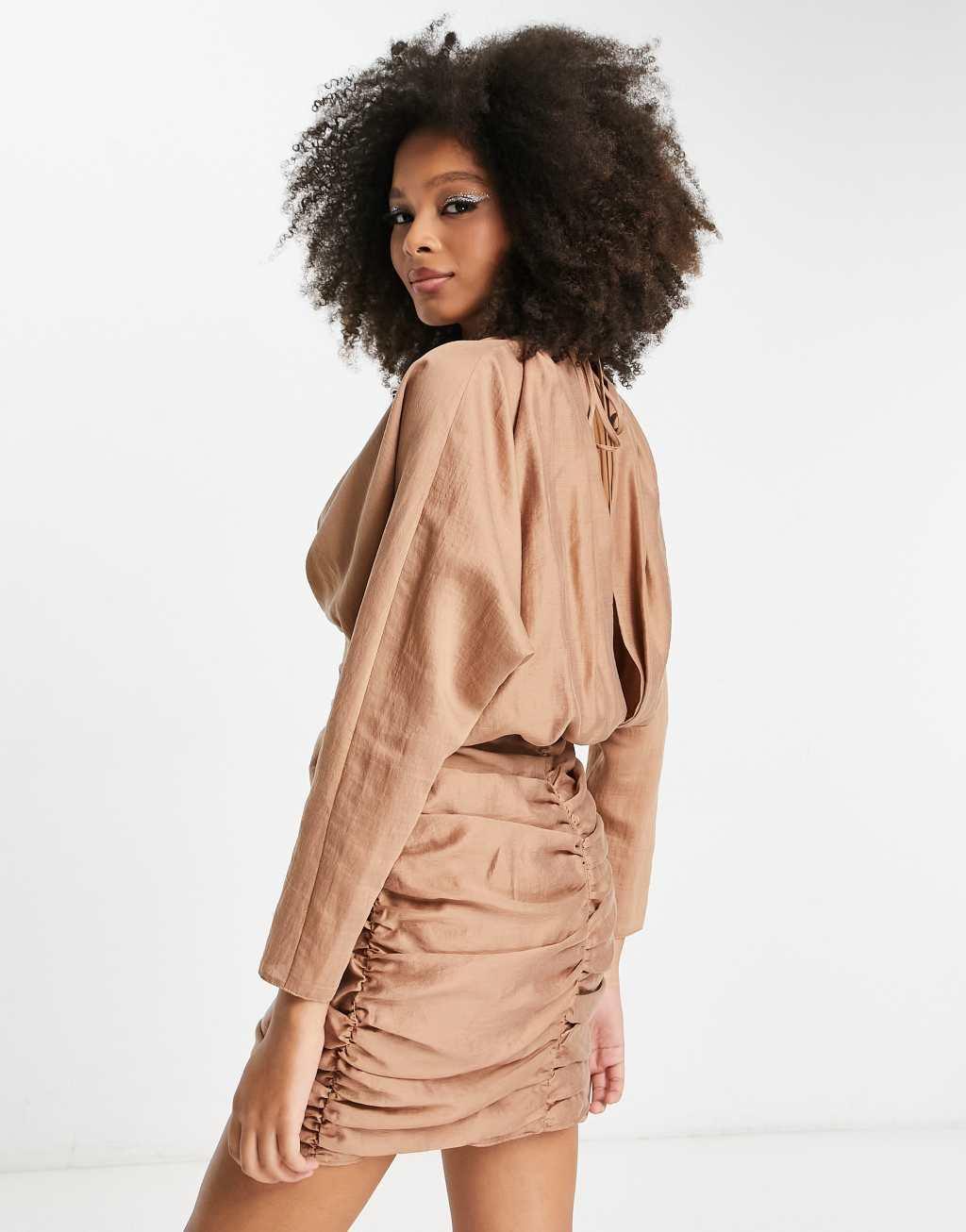   ASOS DESIGN washed twist front long sleeve mini dress with ruching in camel Product Image