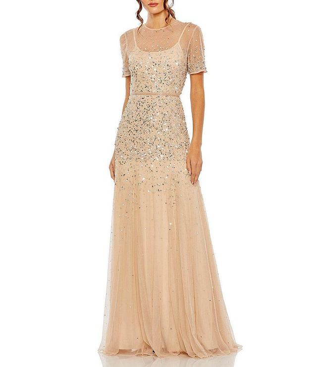 Mac Duggal Short Sleeve Illusion Neck Sequin Embellished A-Line Gown Product Image