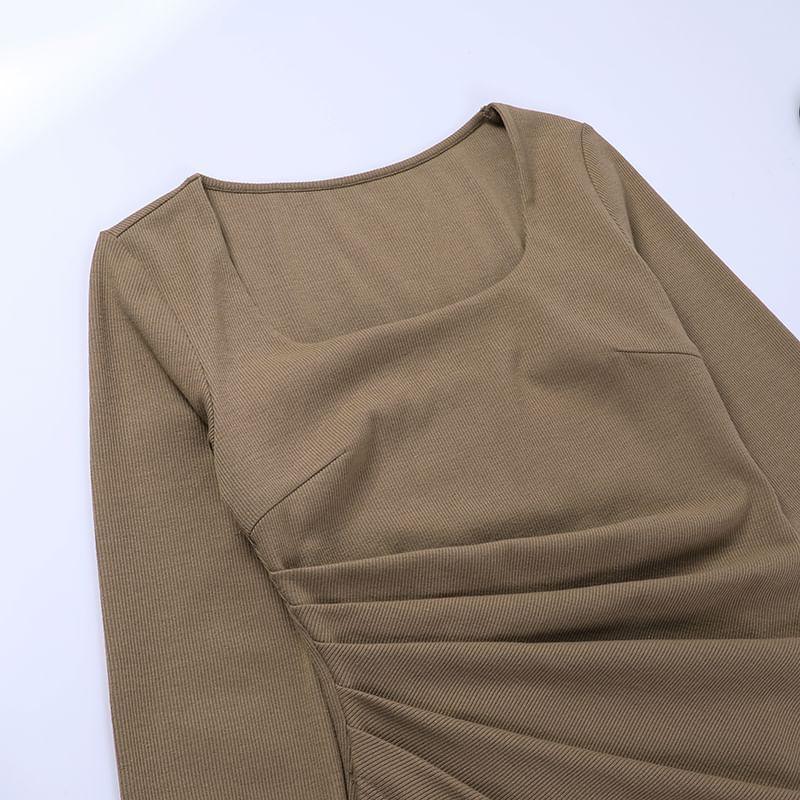 Long Sleeve Square Neck Plain Ruched Slit Maxi Sheath Dress Product Image