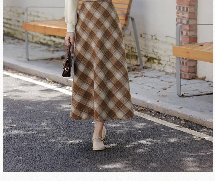 Set: Long-Sleeve Ribbon Neck Plain Top + High Rise Plaid Midi A-Line Skirt Product Image