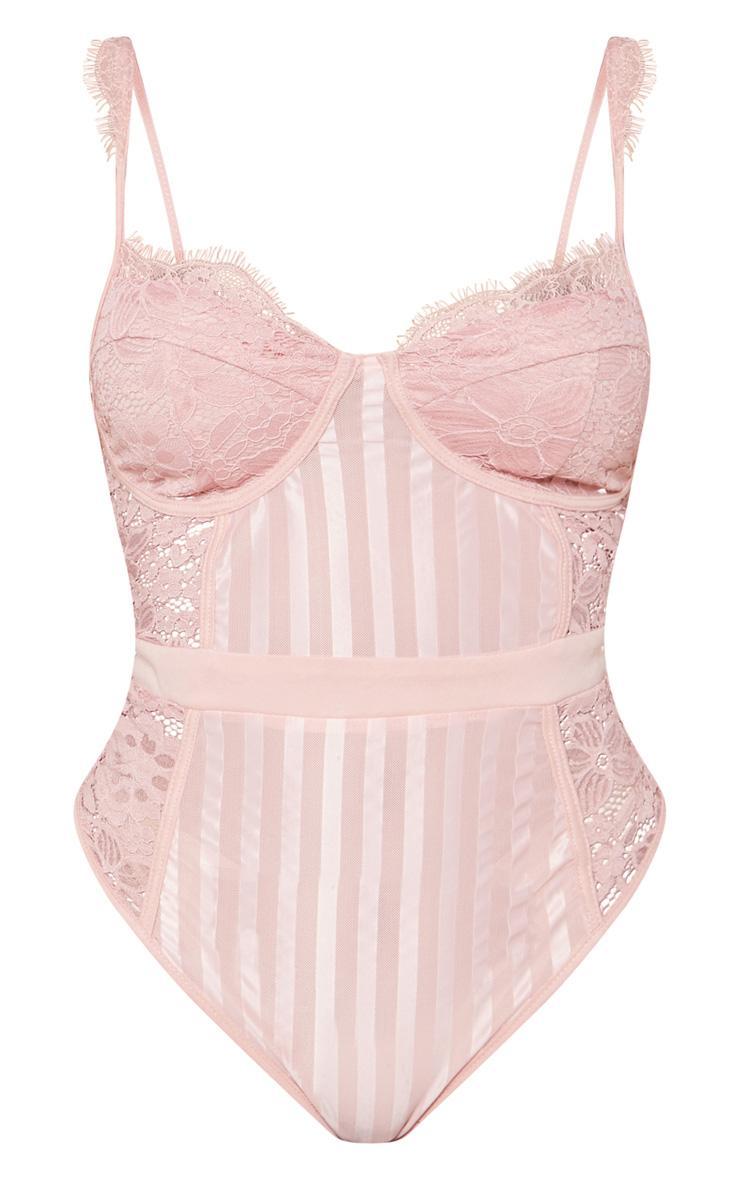 Shape Dusty Pink Lace Mesh Stripe Bodysuit Product Image