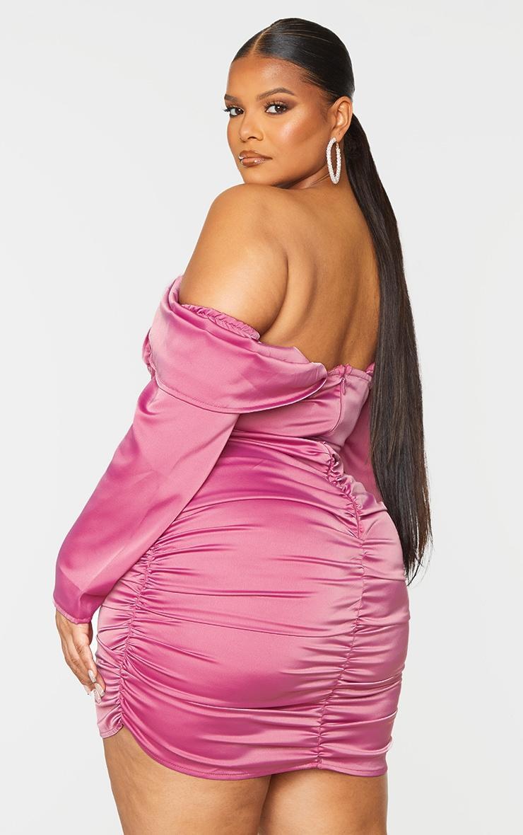 Plus Pink Satin Drape Bardot Sleeve Ruched Back Bodycon Dress Product Image