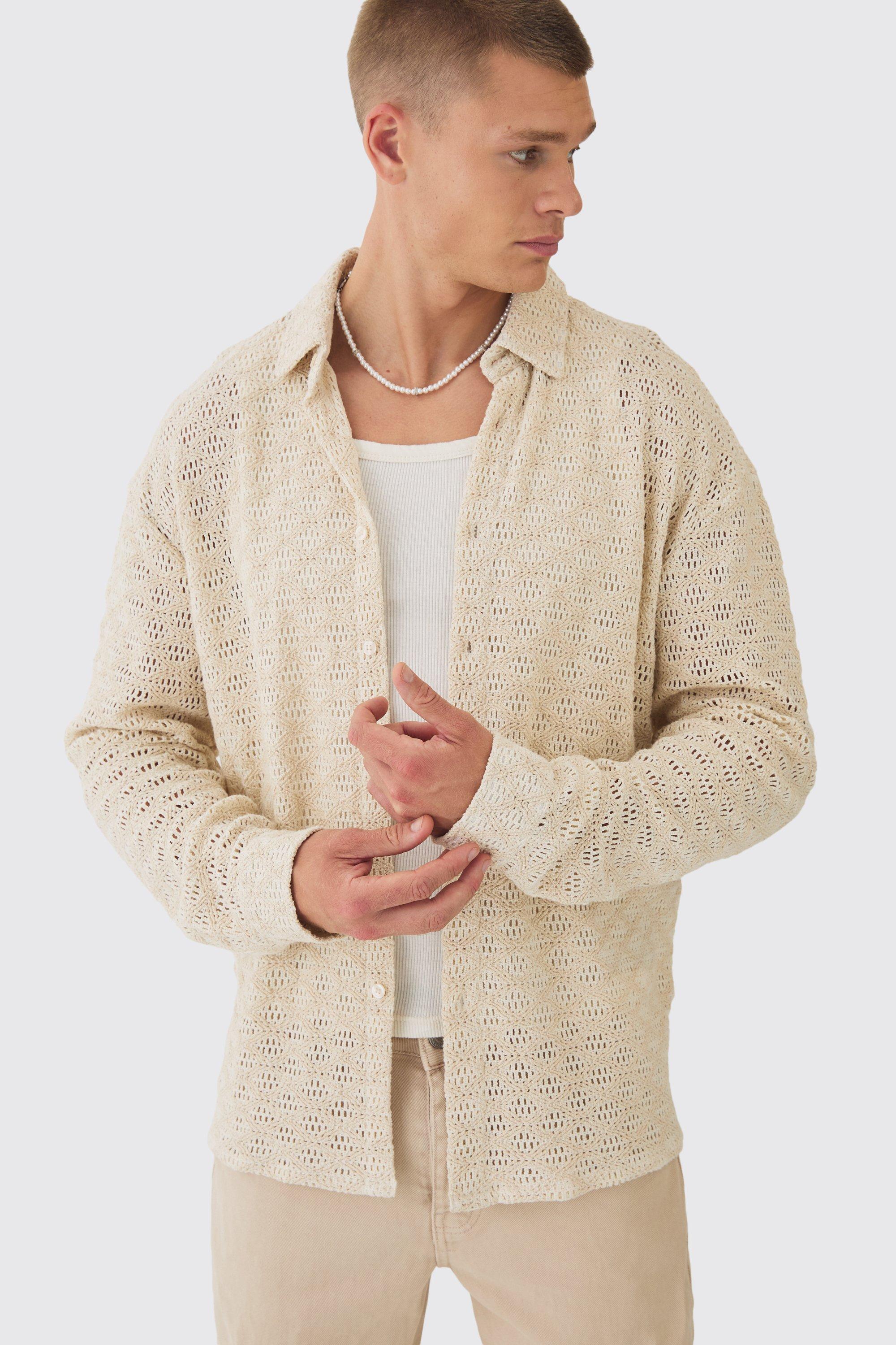 Oversized Long Sleeve Crochet Shirt | boohooMAN USA Product Image