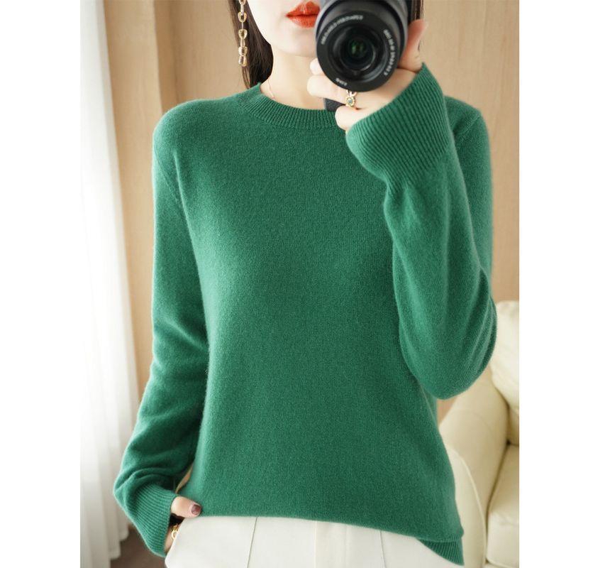 Long-Sleeve Round Neck Plain Knit Top Product Image