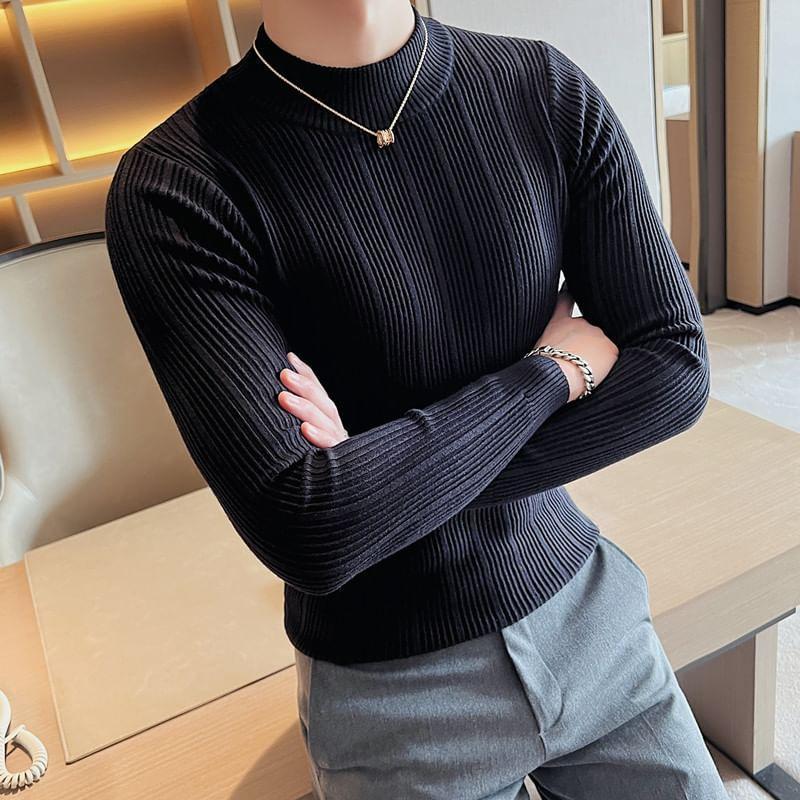 Long Sleeve Mock Neck Plain Ribbed Knit Top Product Image