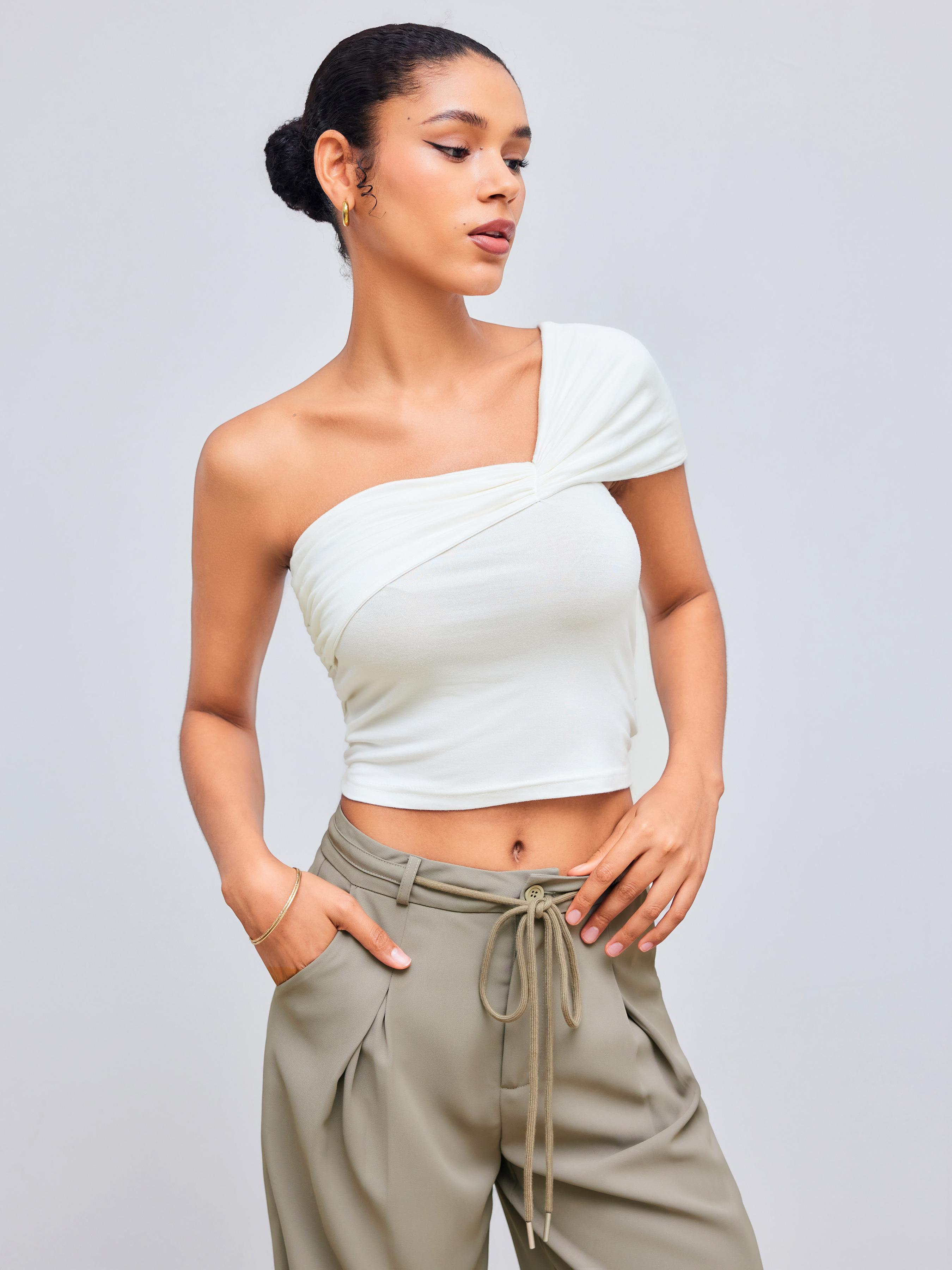 Asymmetrical Neck Solid Ruched Top product image