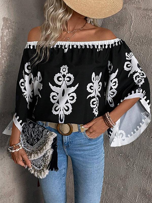 Long Sleeves Loose Elasticity Printed Off-The-Shoulder Blouses&Shirts Tops product image