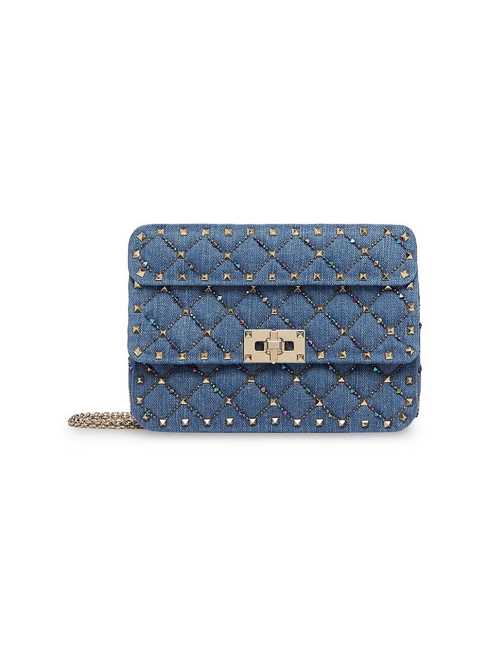 Womens Small Rockstud Spike Embroidered Denim Shoulder Bag Product Image