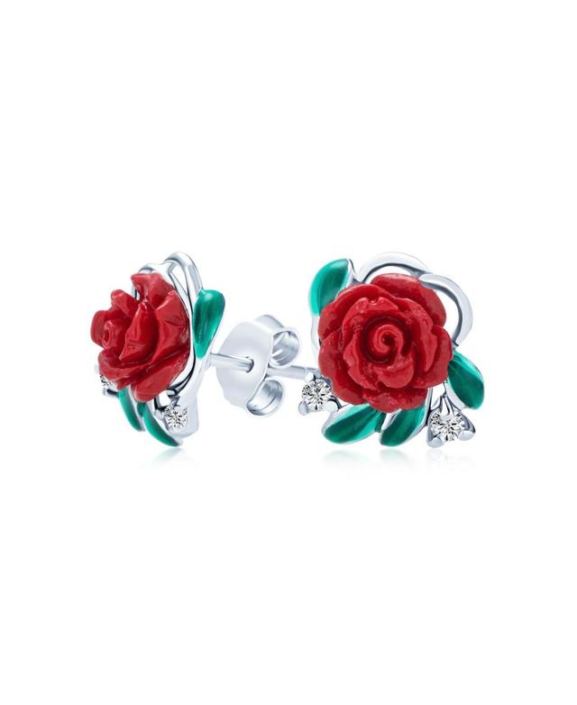 Romantic Delicate Floral Blooming Flower Cz Green Cz Leaf 3D carved Red Rose Stud Earrings For Women Teen .925 Sterling Silver Product Image