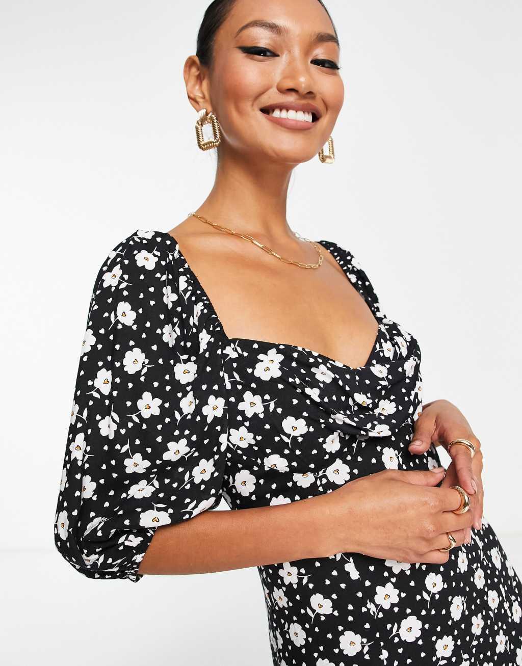 ASOS DESIGN puff sleeve ruched bust midi split dress in mono floral and heart print Product Image