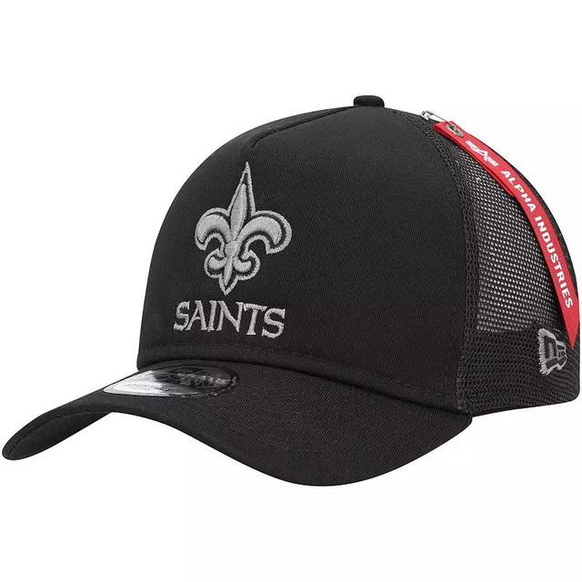 Mens New Era x Alpha Industries Black New Orleans Saints A-Frame 9FORTY Trucker Snapback Hat Product Image