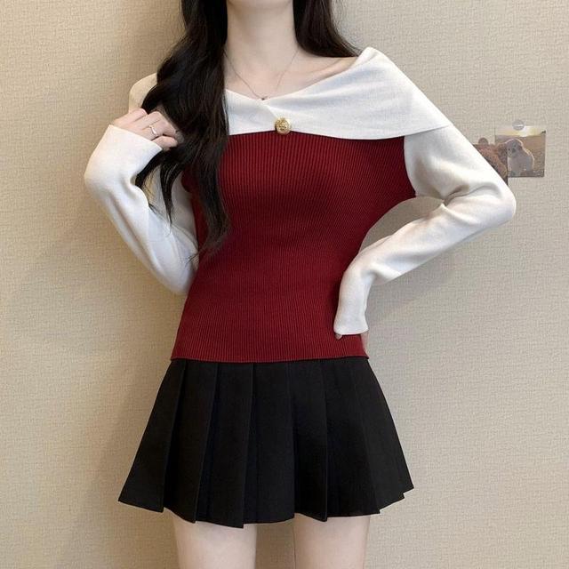 Long Sleeve Boat Neck Two Tone Knit Top Product Image