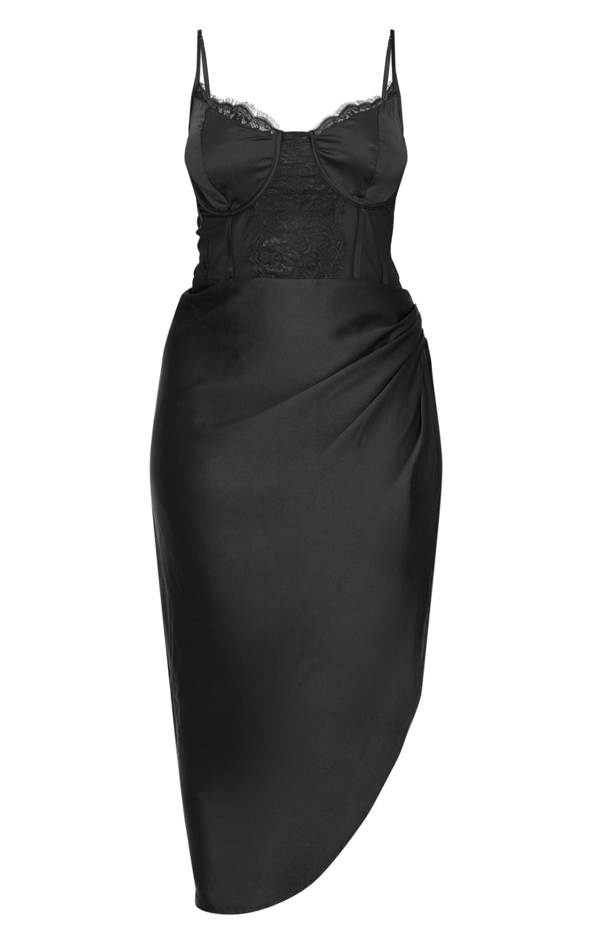 Plus Black Lace Insert Cup Detail Ruched Side Midi Dress Product Image