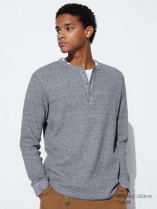 Mens Waffle Henley Neck T-Shirt Long-Sleeve Gray XL UNIQLO US Product Image