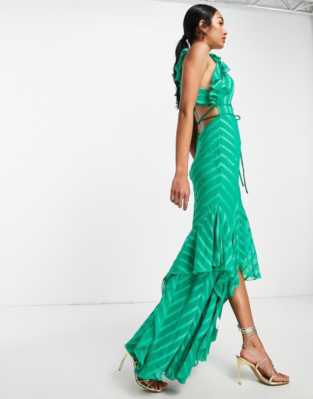 ASOS DESIGN satin stripe halter maxi dress with drape ruffle and tie detail in green Product Image