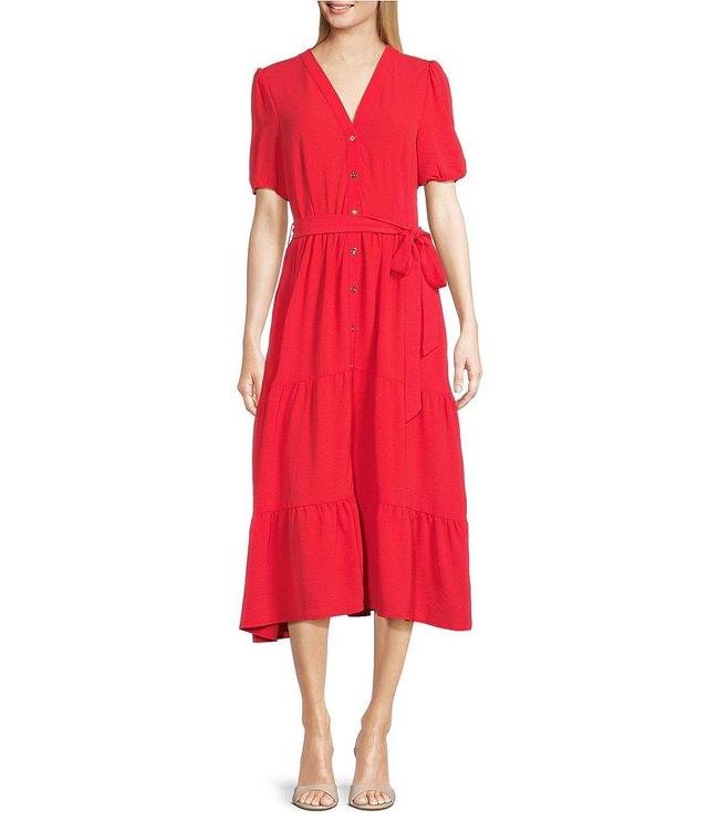 Leslie Fay Short Sleeve V-Neck Tiered Skirt Tie Waist Midi Sheath Dress Product Image