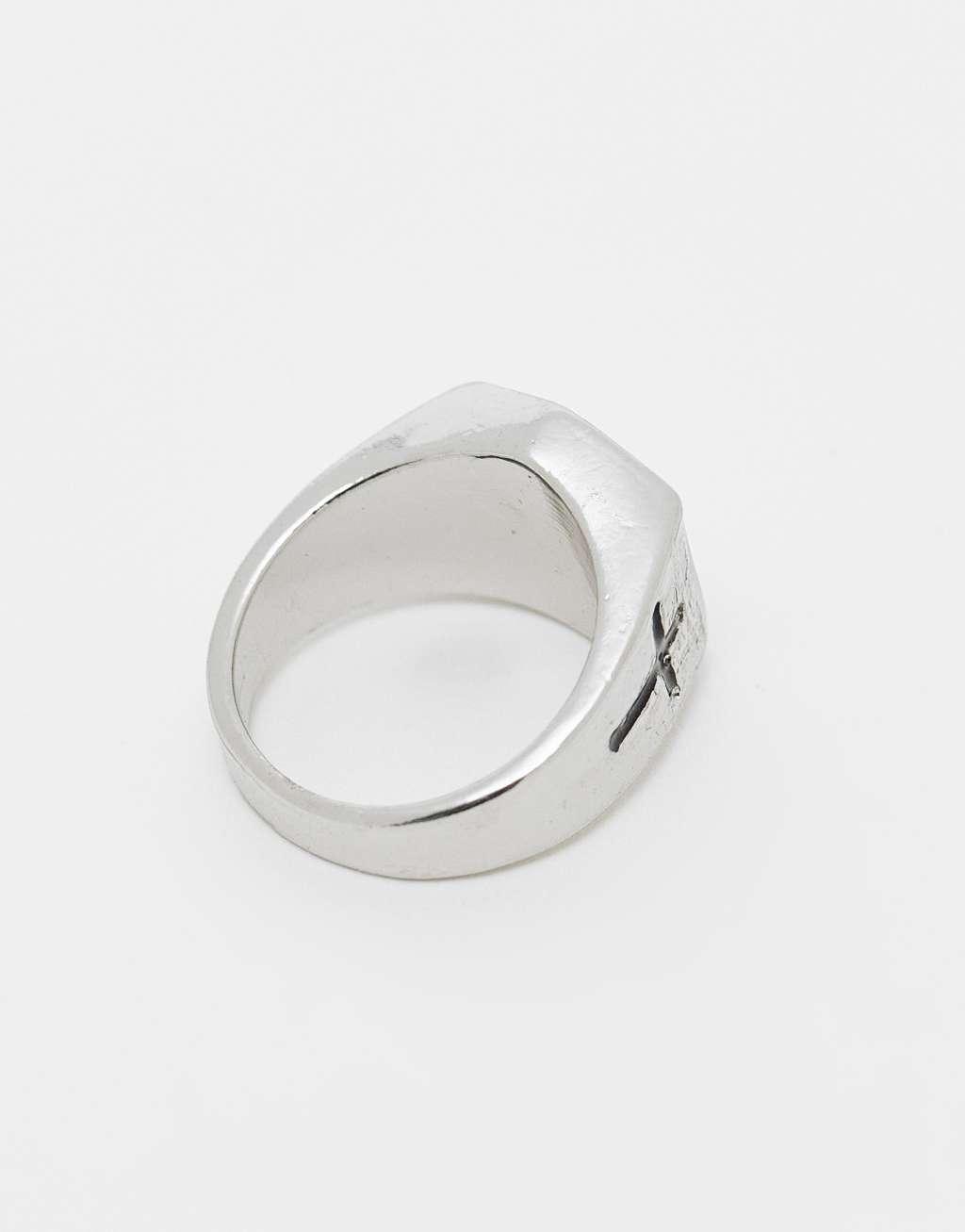 ASOS DESIGN signet ring with cross in burnished silver Product Image