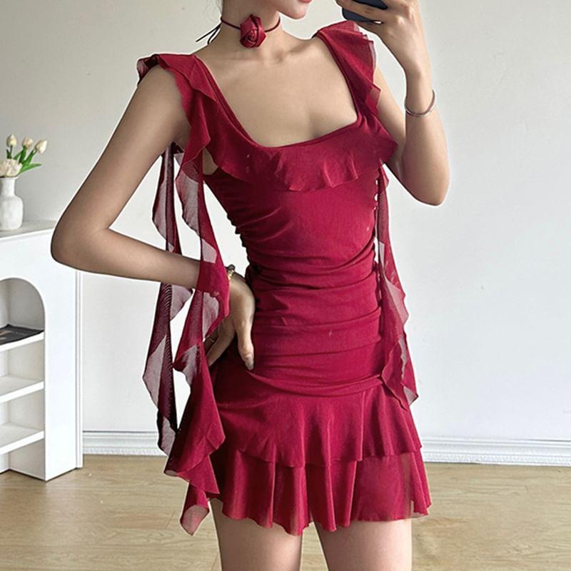 Sleeveless Square Neck Plain Ruffle Asymmetrical Mini A-Line Dress Product Image