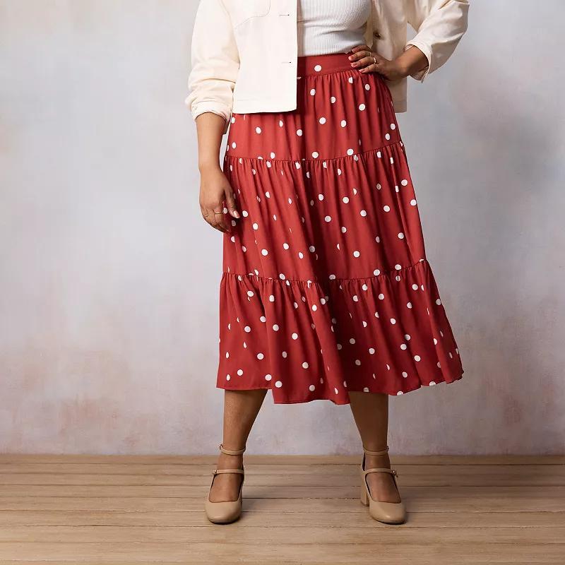 Plus Size LC Lauren Conrad Three Tiers Midi Skirt, Womens Red Randy Dots Product Image