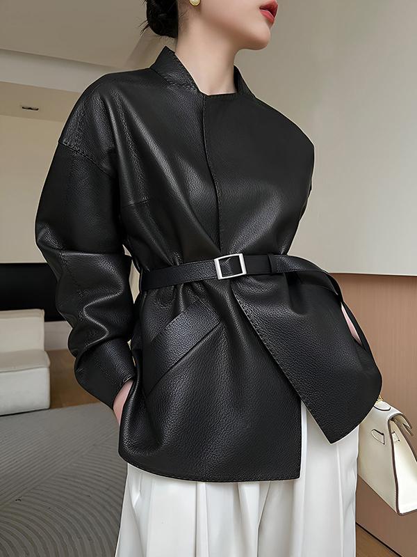 Long Sleeves Loose Belted Solid Color Stand Collar Jackets Outerwear Product Image