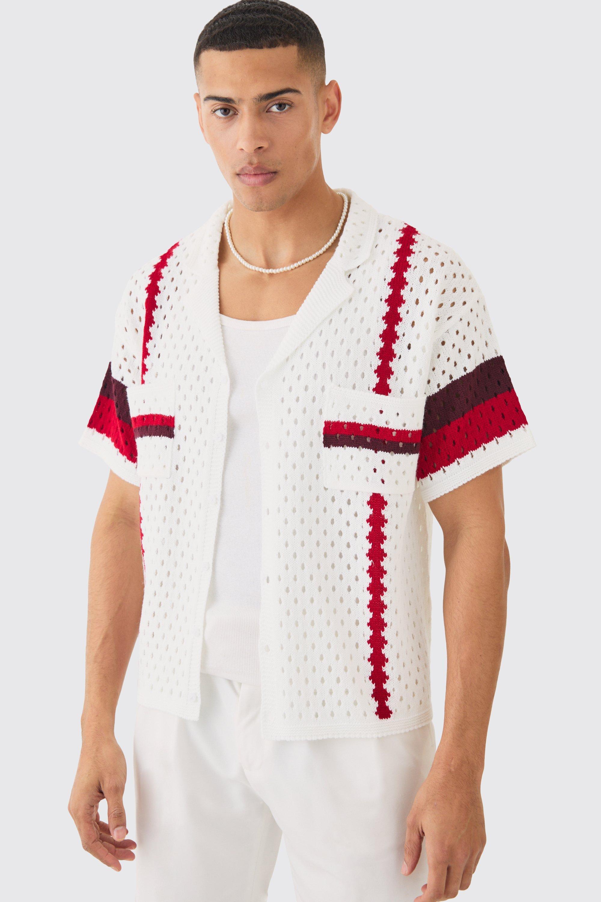 Oversized Boxy Open Stitch Revere Stripe Shirt In White | boohooMAN USA Product Image