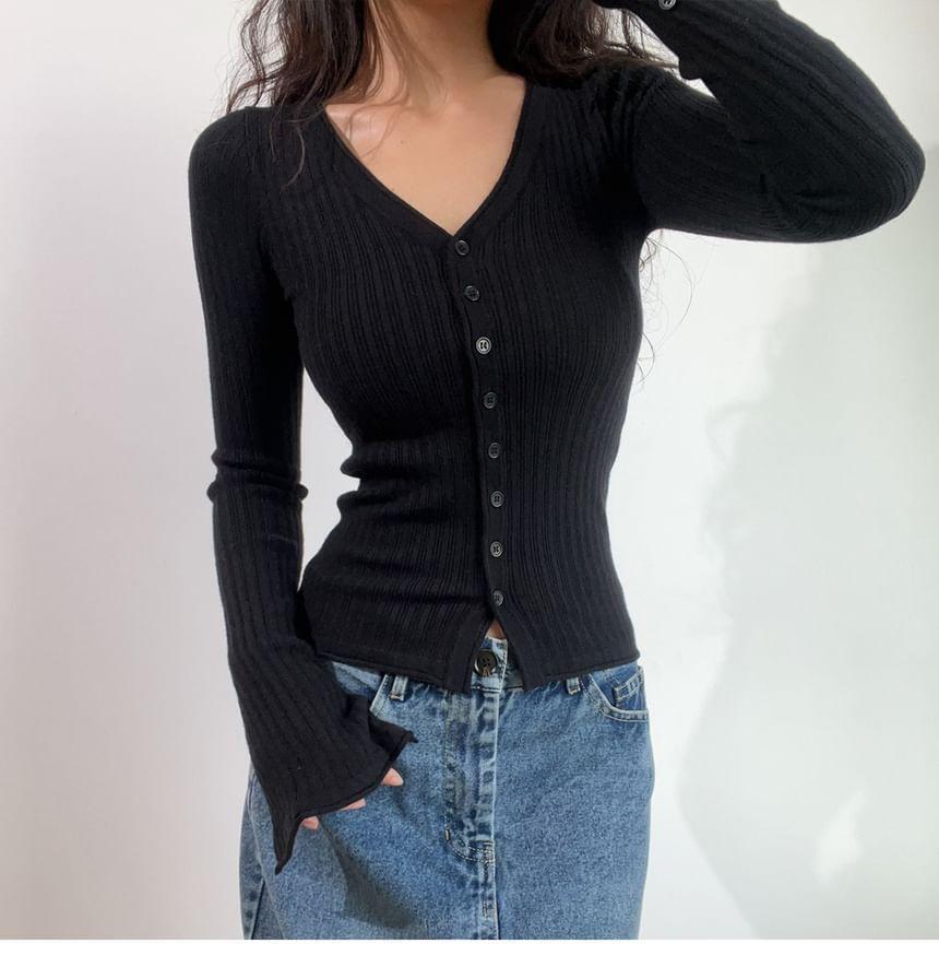 V-Neck Plain Ribbed Cardigan Product Image