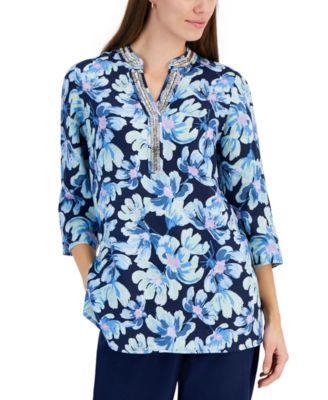 Petite 100% Linen Bloom Print Split-Neck Tunic, Created for Macy's   Product Image