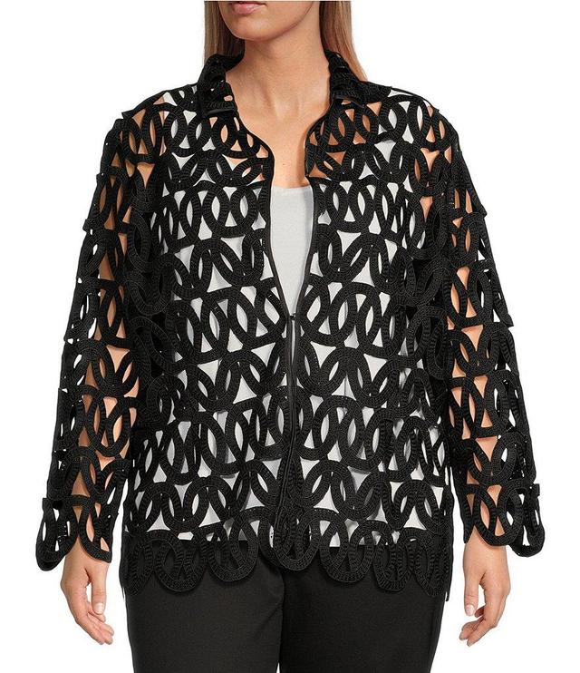 Ming Wang Plus Size Novelty Woven Geo Circle Cutout Lapel Collar Long Sleeve Jacket Product Image