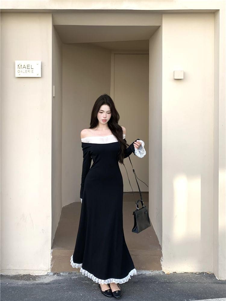 Long-Sleeve Off Shoulder Lace Trim Maxi A-Line Dress Product Image