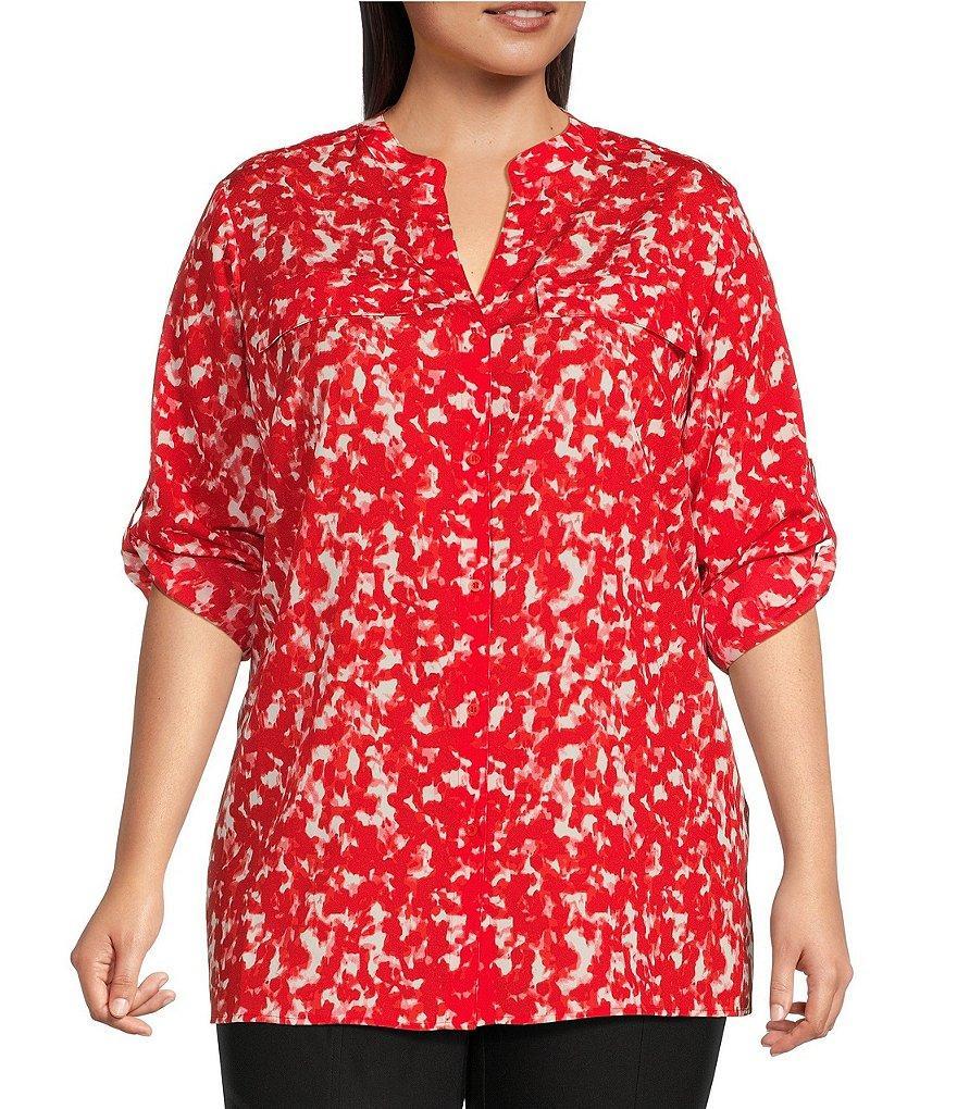 Calvin Klein Plus Size Abstract Print Y-Neck Long Roll-Tab Sleeve Button Front Top Product Image