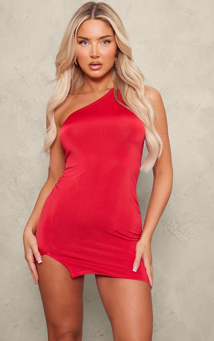 Tomato Red Slinky One Shoulder Asymmetric Bodycon Dress Product Image