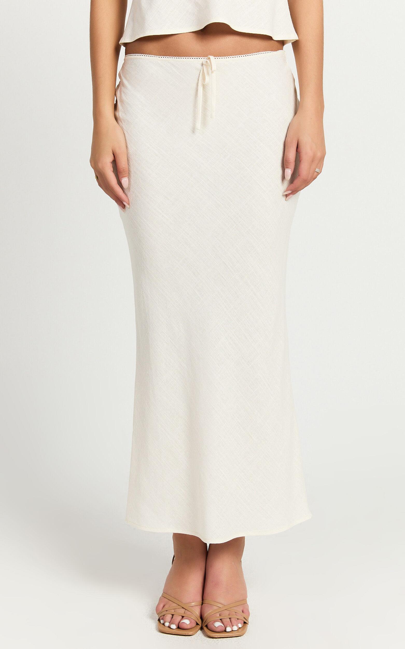 Polly Midi Skirt - Linen Look Low Waisted Front Bow Slip Skirt in Stone Product Image