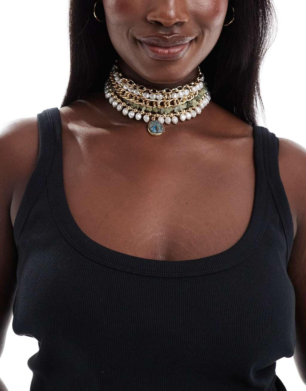 ASOS DESIGN Curve Limited Edition choker necklace with mixed pearl and semi precious stone Product Image