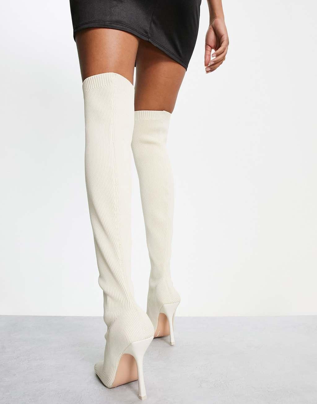 Public Desire Bubbles over-the-knee knitted stiletto boots in off-white  Product Image