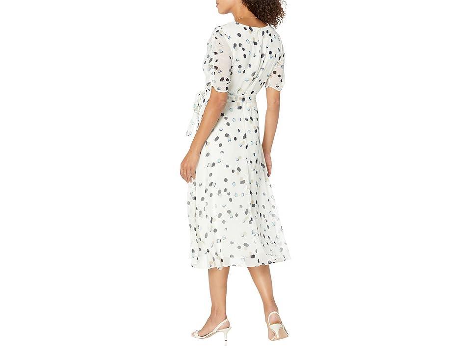 DKNY Ruched Sleeve V-Neck Faux Wrap (Multi Dot 7744/Ivory Multi) Women's Clothing Product Image