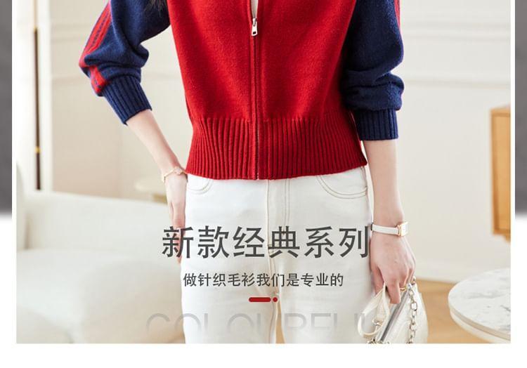 Raglan-Sleeve Round Neck Two Tone Zip Cardigan Product Image