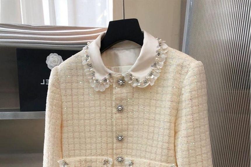 Collared Sequin Embellished Lace Trim Button-Up Tweed Crop Jacket Product Image