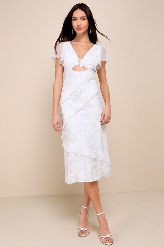 Charming Whimsy White Eyelet Ruffled Tie-Back Midi Dress Product Image