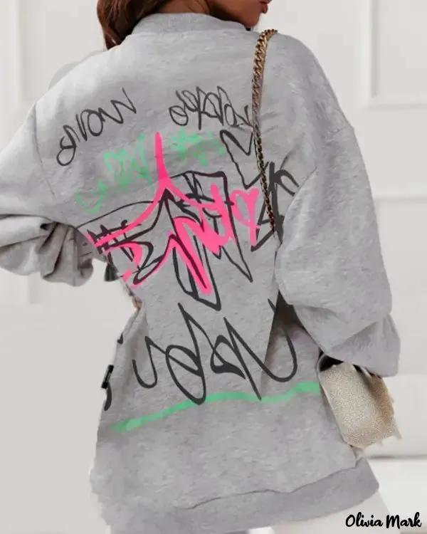 Olivia Mark – Letter Graphic Print Long Sleeve Zipper Design Coat Product Image