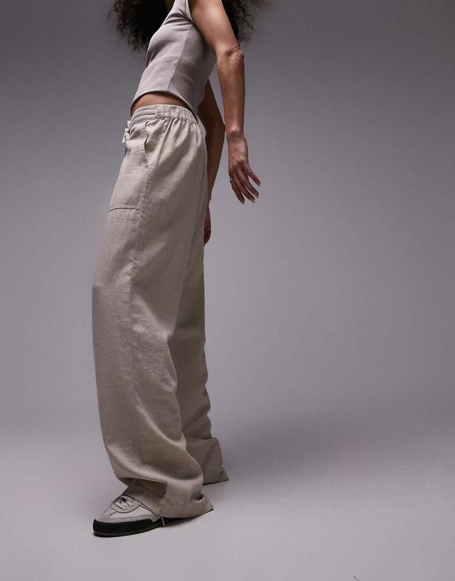 Topshop linen low rise draw cord waist straight leg pants in beige Product Image