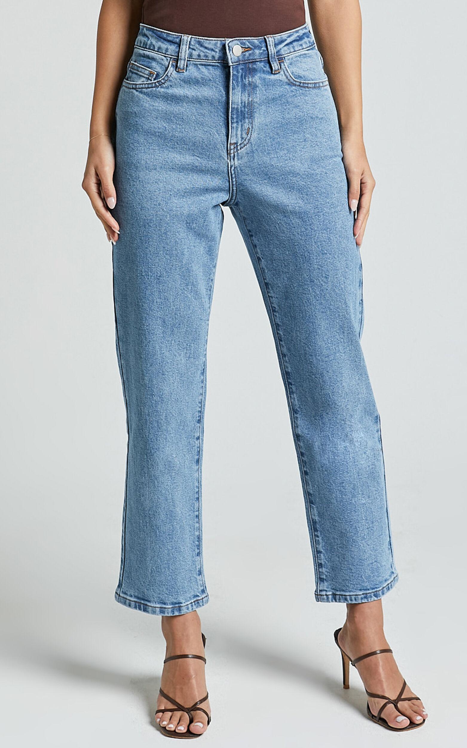 Chandler Jeans - High Waisted Crop Straight Jeans in Mid Blue Wash Product Image