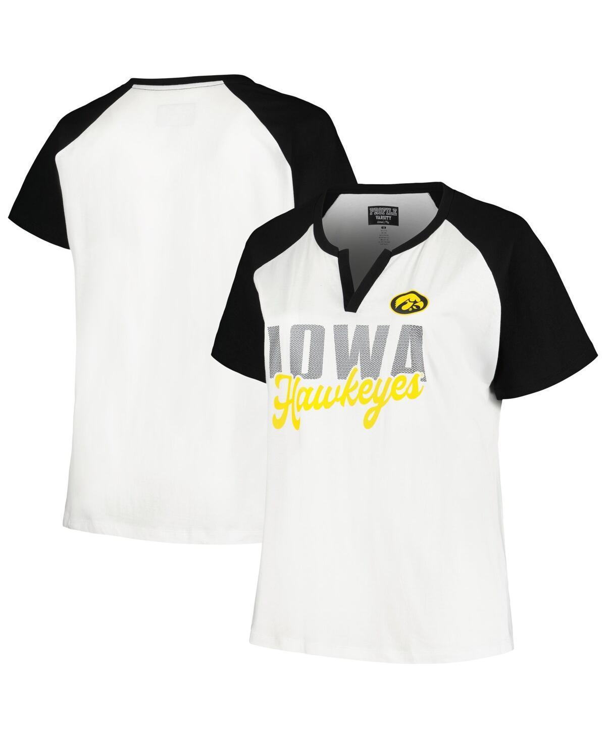 Profile Womens White Iowa Hawkeyes Plus Size Best Squad Shimmer Raglan Notch Neck T-Shirt - White, Black Product Image