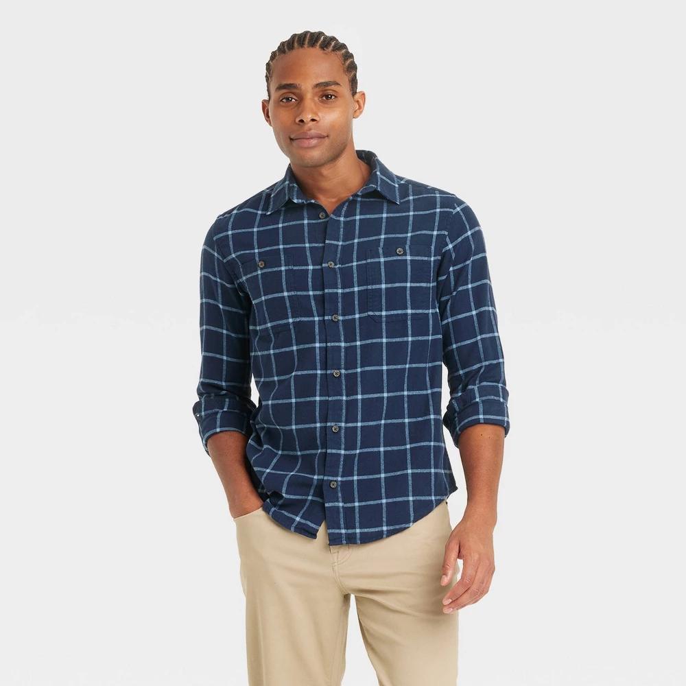 Mens Mid-Weight Flannel Long Sleeve Button-Down Shirt - Goodfellow & Co Navy Blue XXL Product Image