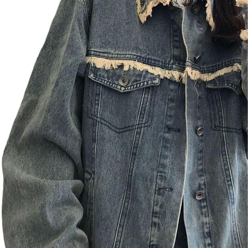 Collared Fringe Trim Washed Denim Oversized Jacket Product Image