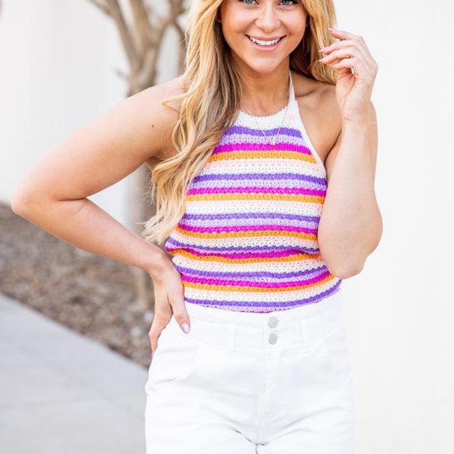 We Found Love Purple and Orange Halter Crochet Tank FINAL SALE Product Image