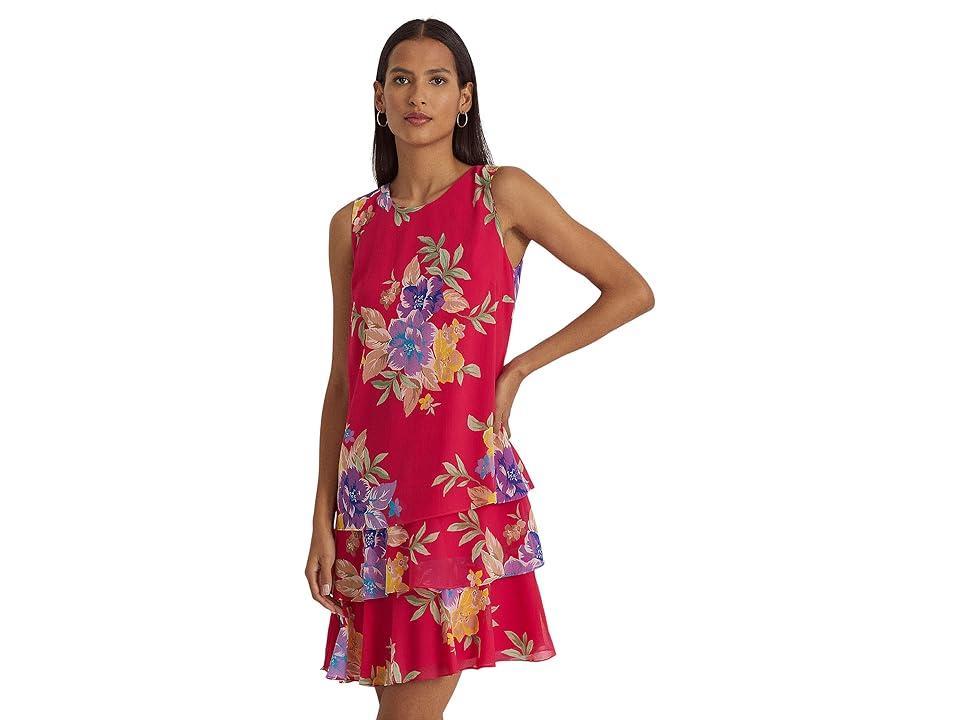 LAUREN Ralph Lauren Floral Georgette Shift Dress (Pink Multi) Women's Dress Product Image