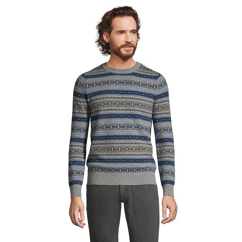 Mens Lands End Fine Gauge Cashmere Sweater Grey Gray Fairisle Product Image