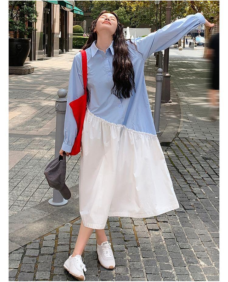 Long-Sleeve Two Tone Asymmetrical Frill Trim Half-Buttoned Midi Tunic Shirt Dress Product Image