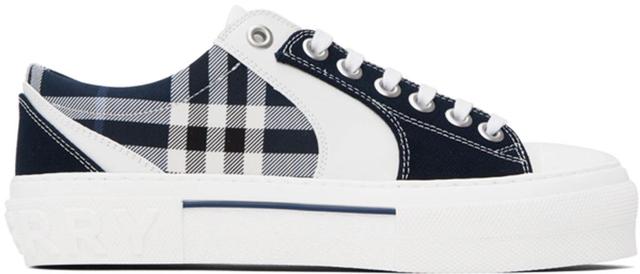 White & Navy Check Sneakers In White/navy Product Image