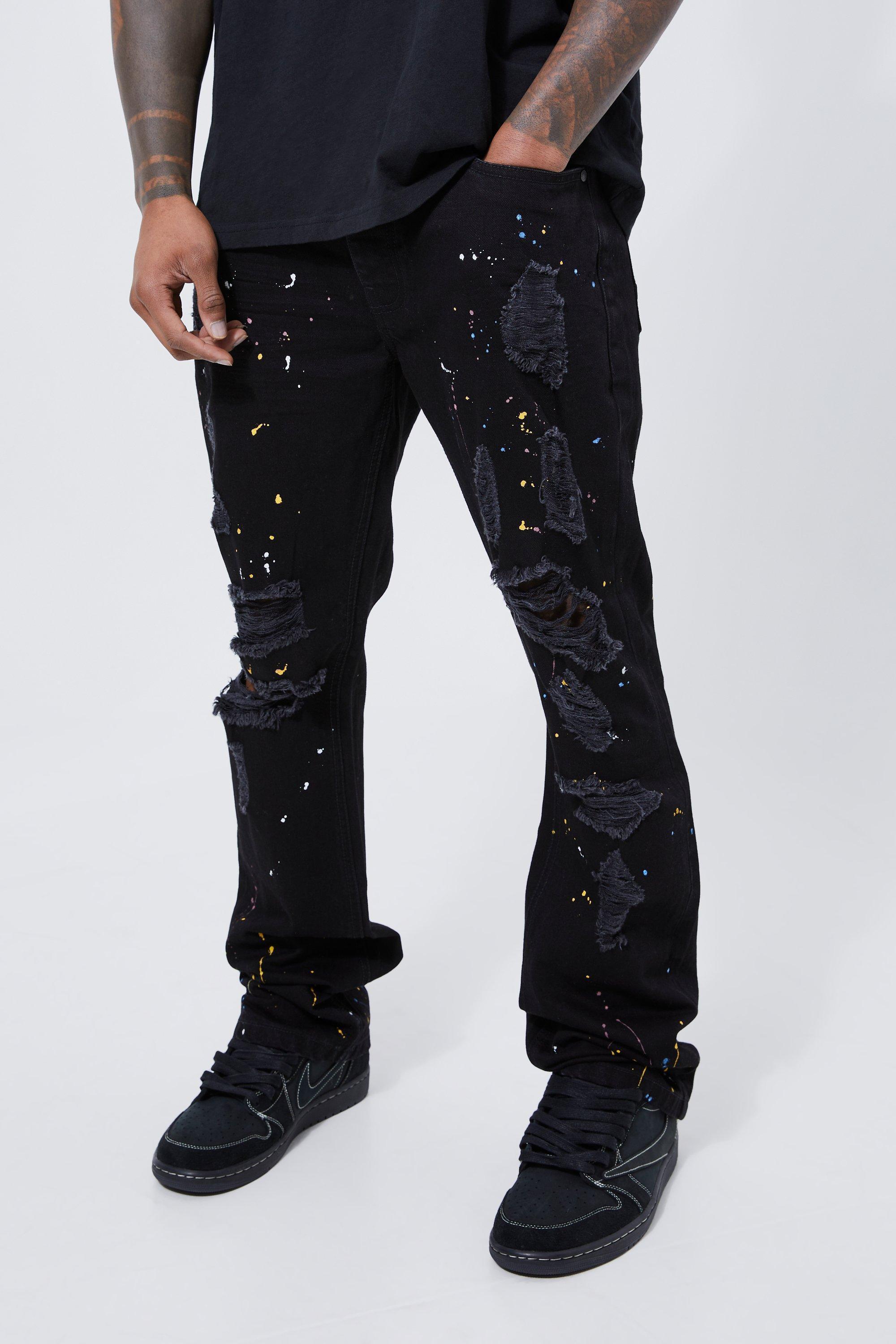 Slim Rigid Flare Paint Splatter Jeans | boohooMAN USA Product Image